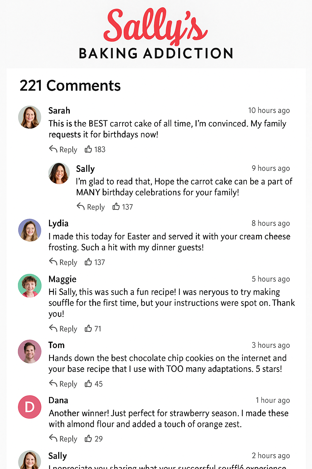 Comments section on Sally's Baking Addiction showing community engagement