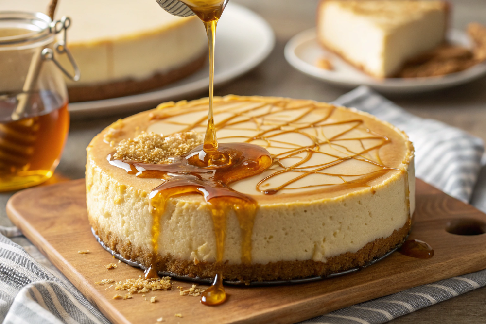 Drizzling honey syrup over baklava cheesecake