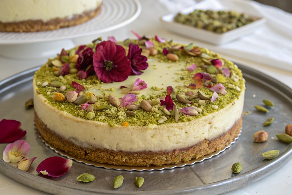 Decorated honey pistachio baklava cheesecake